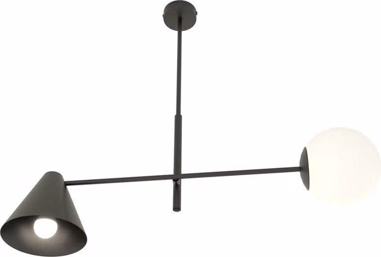 Lampada a sospensione nera con paralume conico e sfera di vetro bianca HERMES 2xE14 10W Emibig