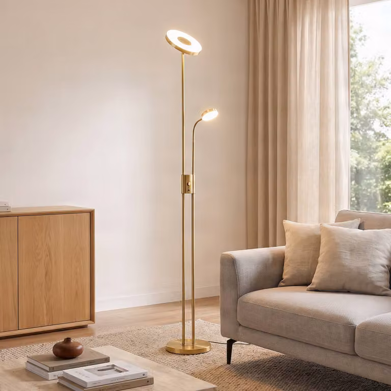 Lampada da terra con luce lettura Seppa Lindby, dimmerabile, Ottone / Oro, Soggiorno / Sala da pranzo, Metallo, Moderno, Lampada LED da terra