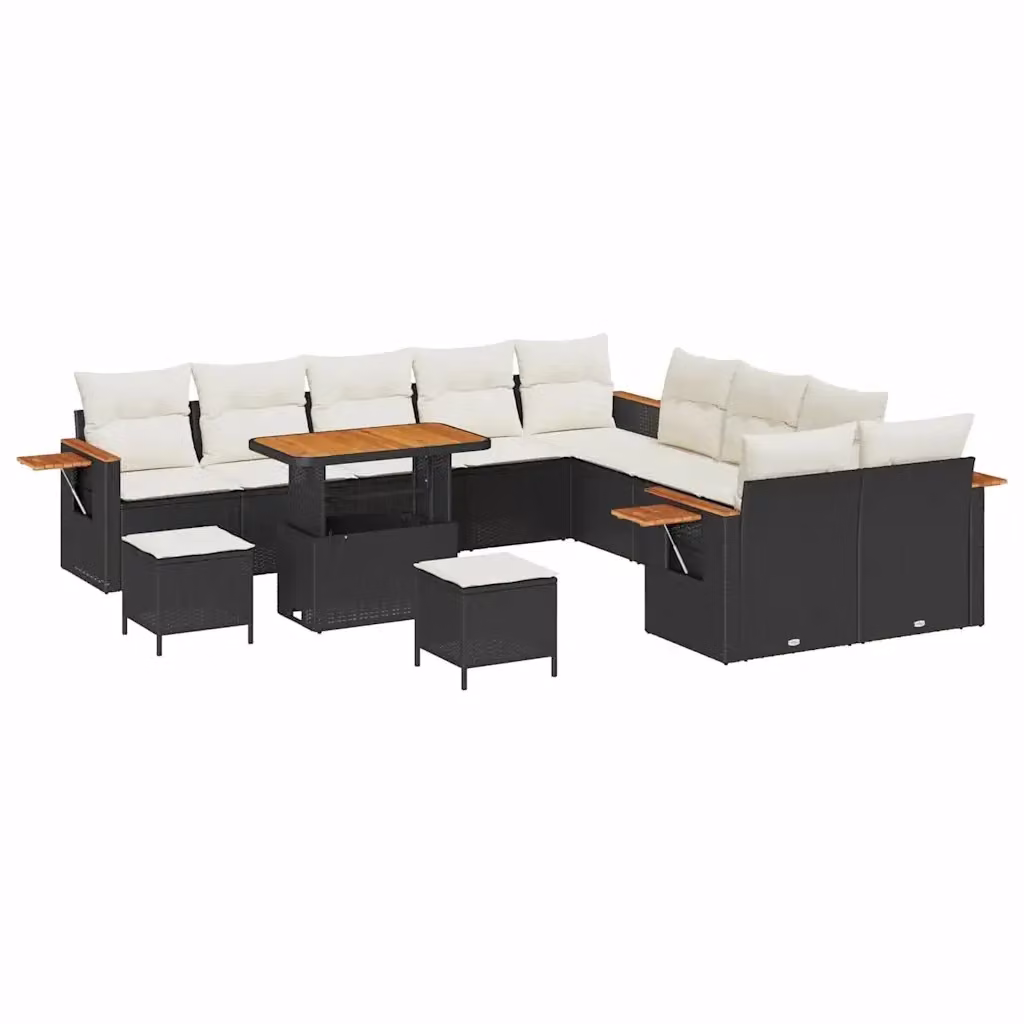 Set Divano da Giardino vidaXL 13 Pezzi a Forma di U con Tavolino e Pouf, Nero e Beige – 2