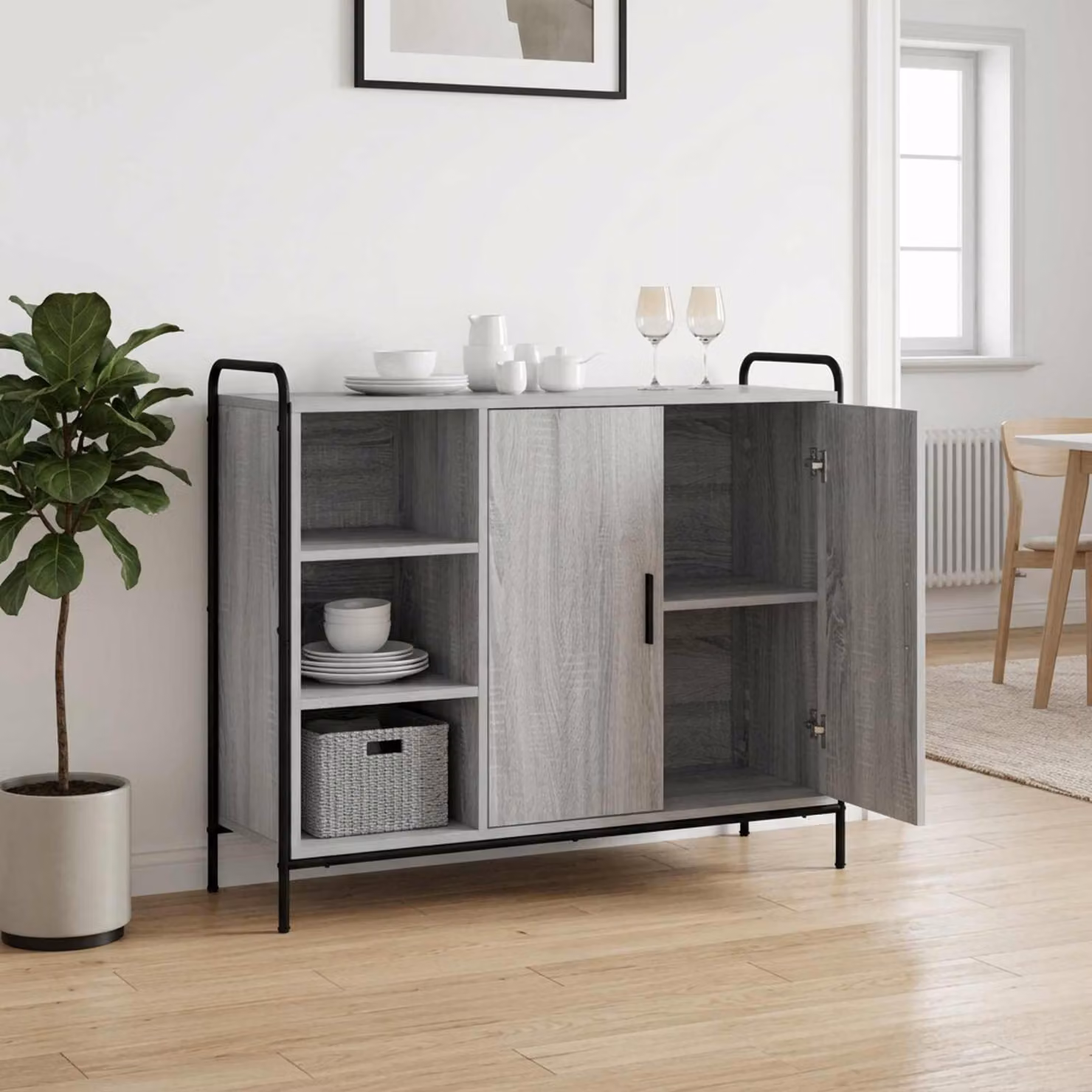 Credenza moderna vidaXL in legno ingegnerizzato e metallo, colore grigio, L 97 x P 33 x H 81 cm