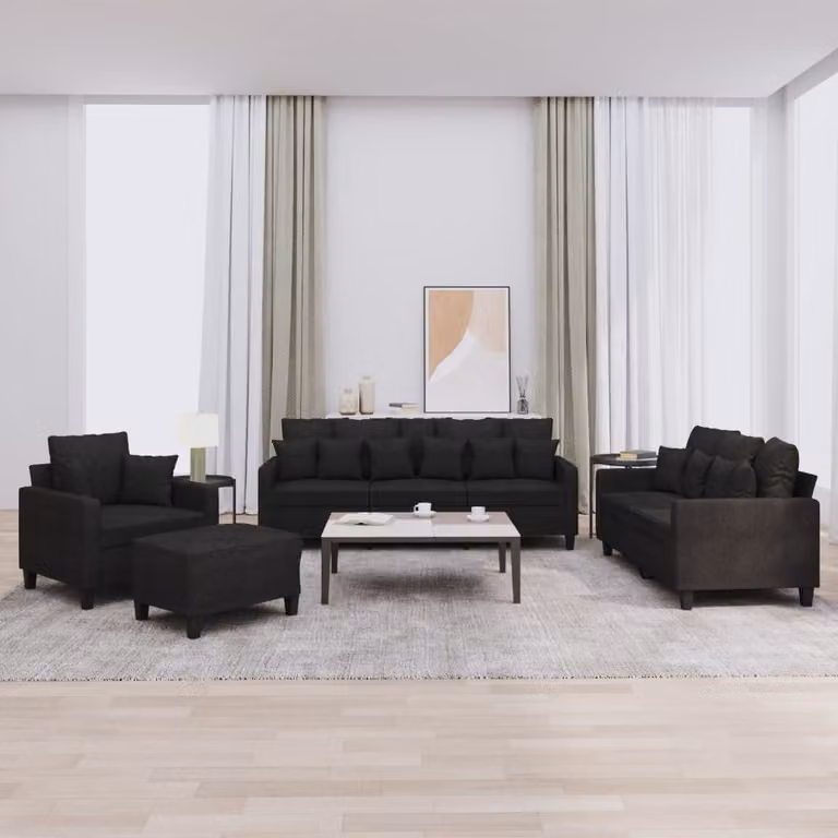 Set di Divani vidaXL 4 Pezzi Moderno in Tessuto Nero con Cuscini e Pouf per Soggiorno
