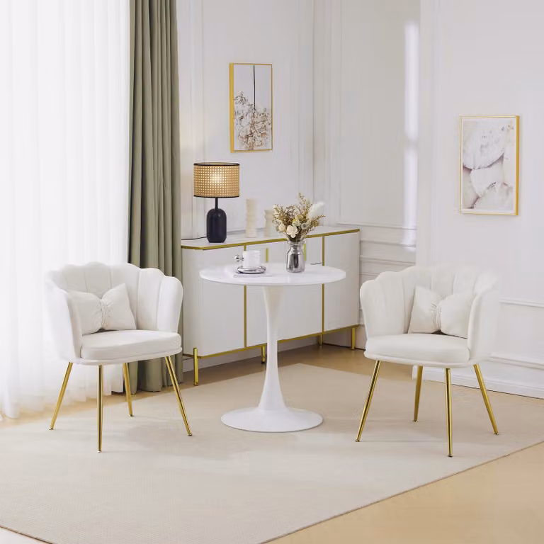 Set Fortuna Lai con 2 moderne sedie da salotto in velluto, sedie da bagno, sedie imbottite con schienale a petali, gambe in metallo dorato e cuscini a forma di farfalla per la camera da letto e la sala da pranzo.
