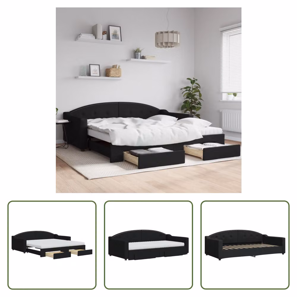 The Living Store Letto da giorno allungabile con cassetti nero 100x200 cm in tessuto