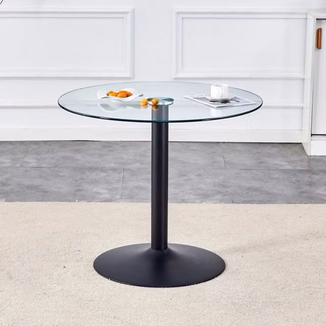 Tavolo da Pranzo Rotondo Minimal in Vetro Temperato Trasparente e Nero L: 85 cm, H: 76 cm