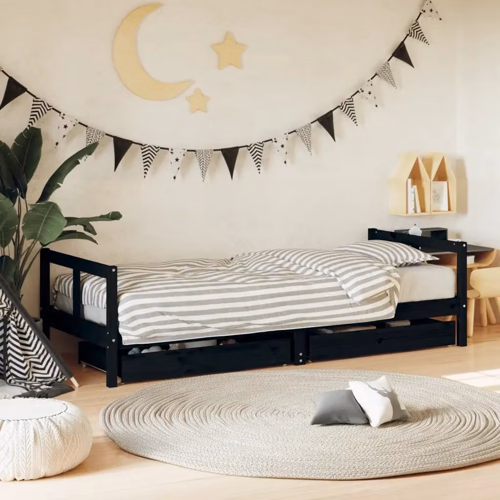 Giroletto Letto Infantile per Bambini con Cassetti in Legno di Pino Massello Nero L 80 cm x P 200 cm – 2