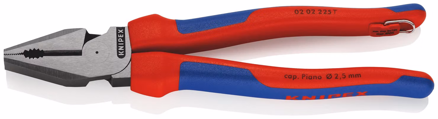 KNIPEX 02 02 225 T Pinza combinata con impugnatura multicomponente, con occhiello di fissaggio integrato per il fissaggio di una chiusura di sicurezza nera atramentata 225 mm