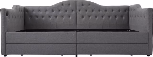 Letto Daybed imbottito con due cassetti e ricarica USB Type C 90x200 cm grigio lino senza materasso