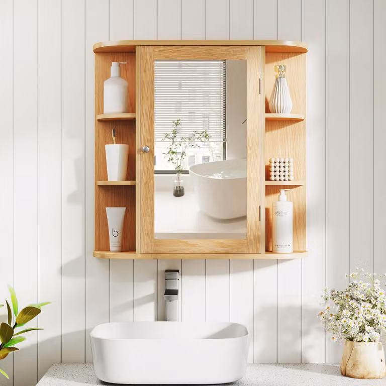 Armadietto da bagno con specchio e mensole regolabili Costway in legno naturale, modello moderno da appendere al muro
