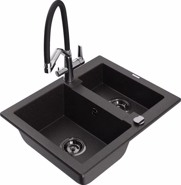 Mexen Carlos lavello in granito 1,5 vasca con rubinetto da cucina Duo, nero/oro metallizzato - 6518-75-671701-07-B