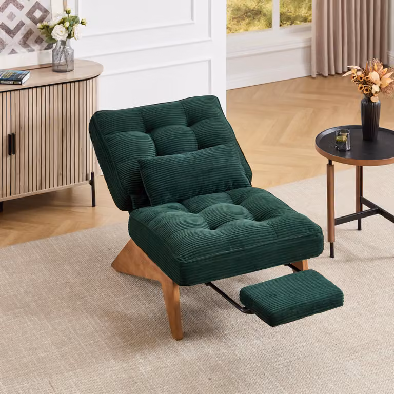 Poltrona relax STILVORA con cuscino lombare, poltrona da lounge con poggiapiedi, sedia imbottita con gambe in legno, ideale per soggiorno, camera da letto e giardino, colore smeraldo