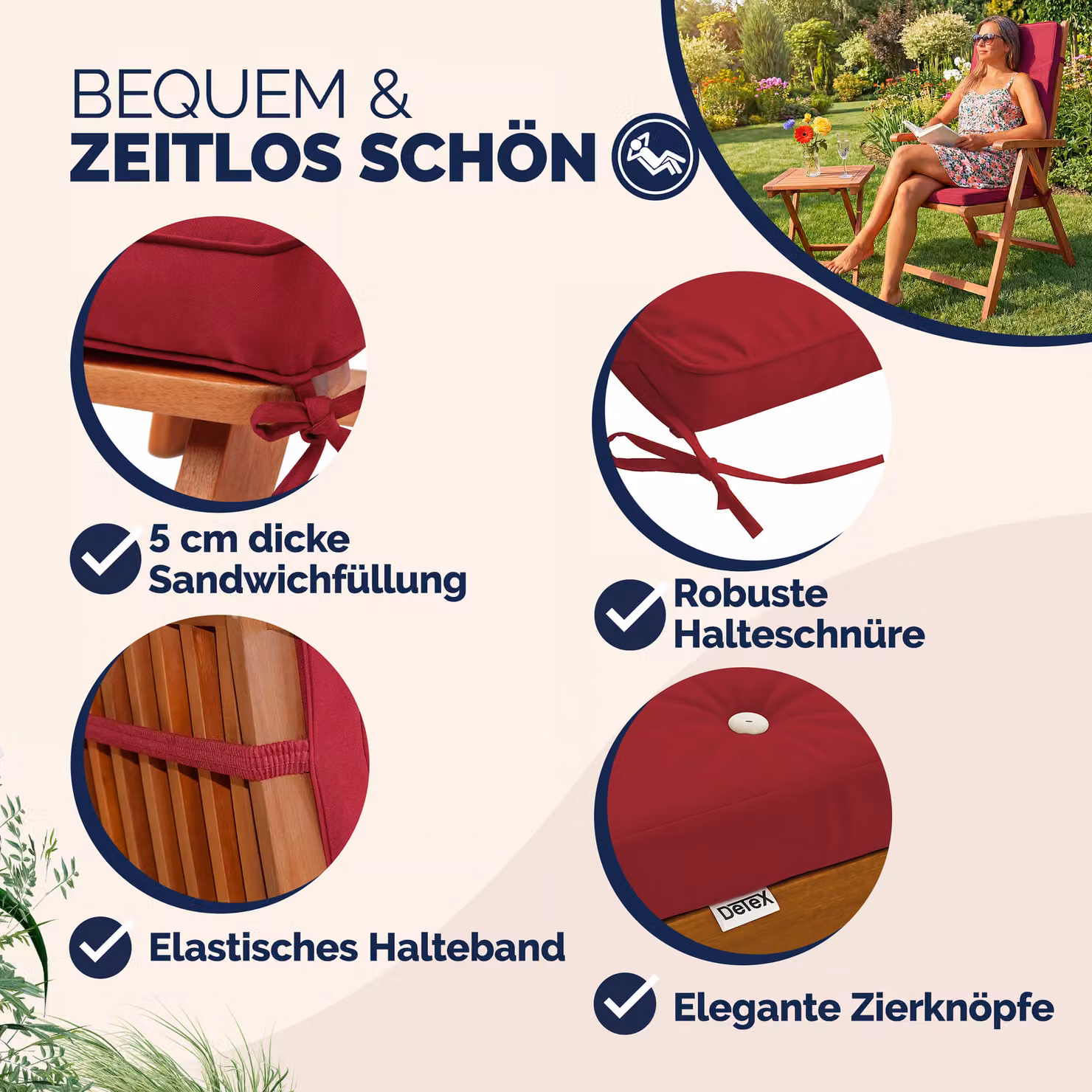 Set di 6 cuscini per sedia Vanamo rosso e bianco, modello imbottito e idrorepellente in poliestere, L 45 cm x P 45 cm x H 5 cm – 2