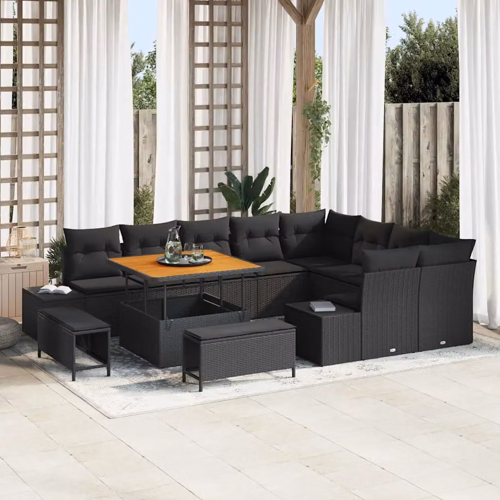 Set Divano da Giardino Moderno vidaXL 12 Pezzi con Cuscini Nero e Struttura in Acciaio Verniciato a Polvere – 1