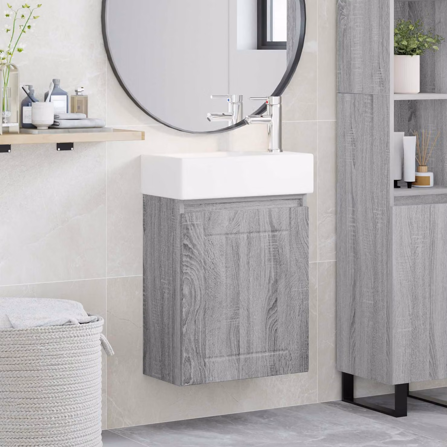 Mobile bagno con rubinetto vidaXL in stile moderno, colore grigio e bianco, L 45,5 x P 25,5 x H 84 cm