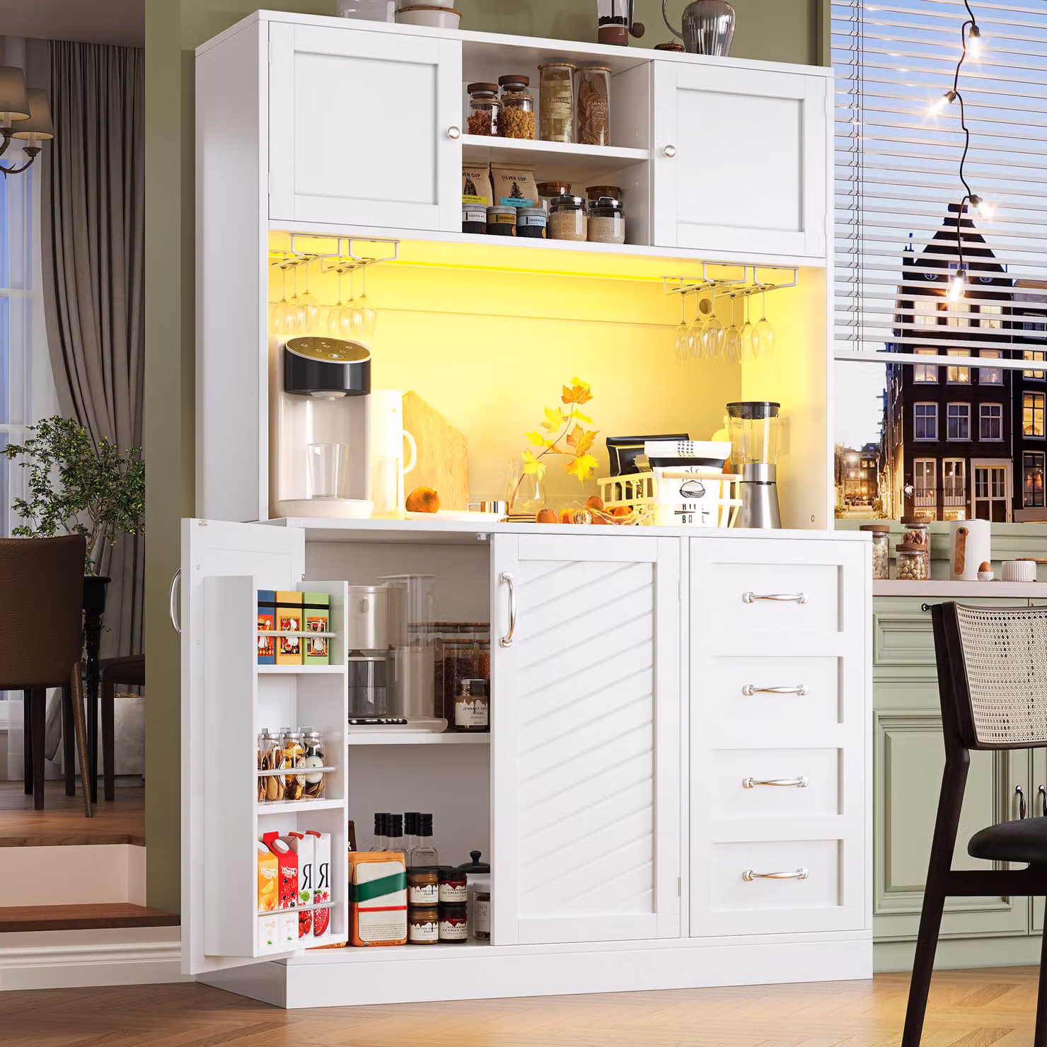 Mobile da cucina Flieks con illuminazione a LED, portabottiglie, 4 ante e 2 ampi cassetti, credenza 120x40x188 cm, mobile da buffet, bianco