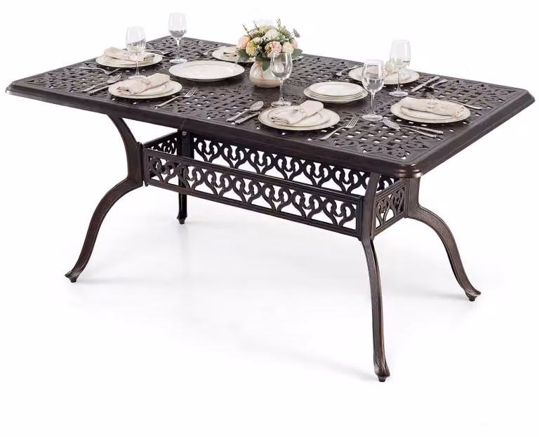 Tavolo da giardino in alluminio pressofuso, tavolo da esterno con piedini regolabili e foro per ombrellone da 5 cm, tavolo da terrazza con struttura in metallo robusta, tavolo da pranzo per giardino, terrazza o cortile, dimensioni 150 x 90 x 73 cm