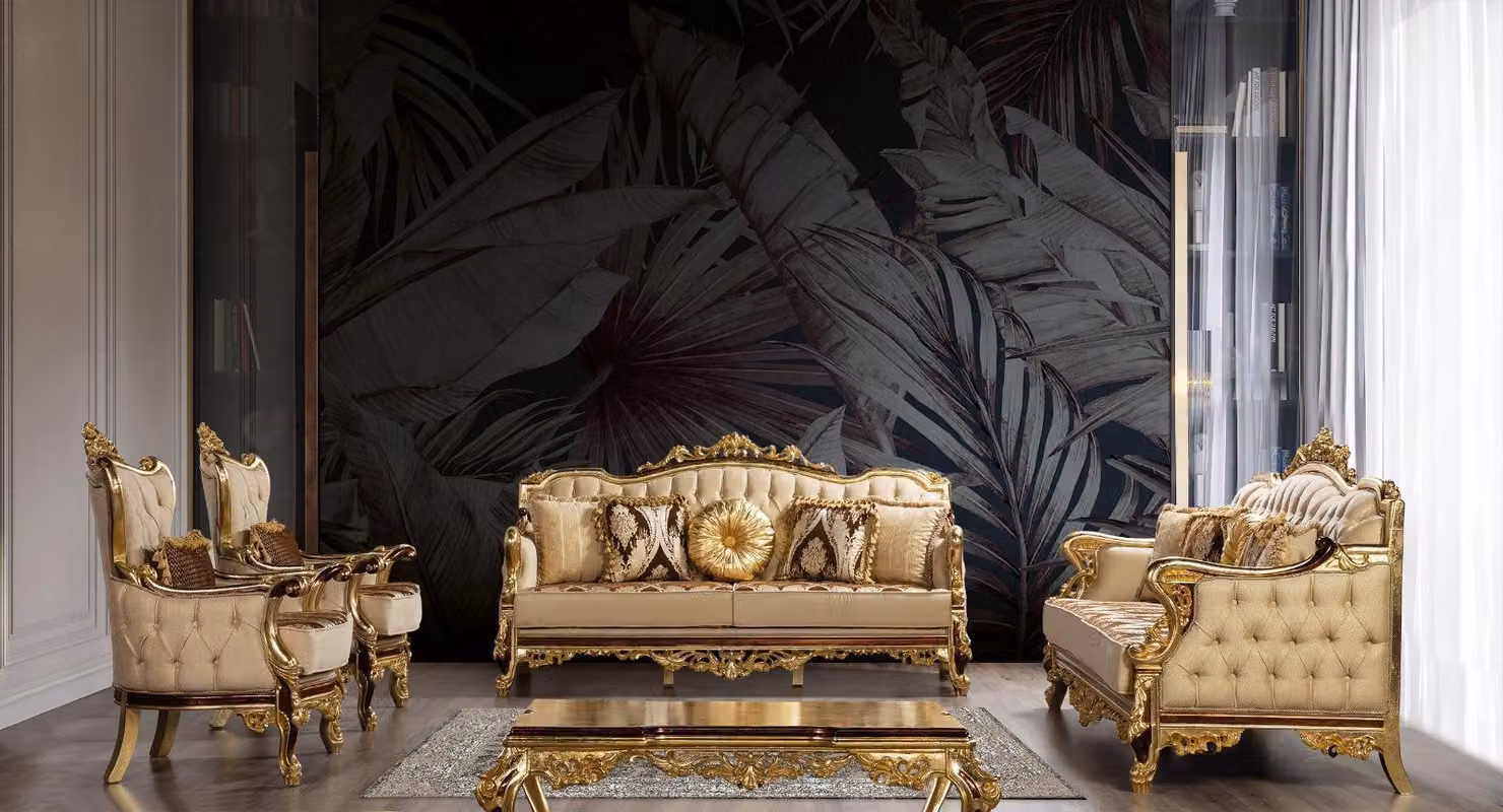 Goldene Sofagarnitur Barock Rokoko Set Komplett Couch Sofa 5tlg.