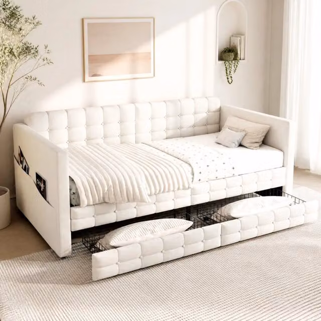 Letto imbottito 90x190 cm con 2 cassetti e tasche laterali; velluto beige