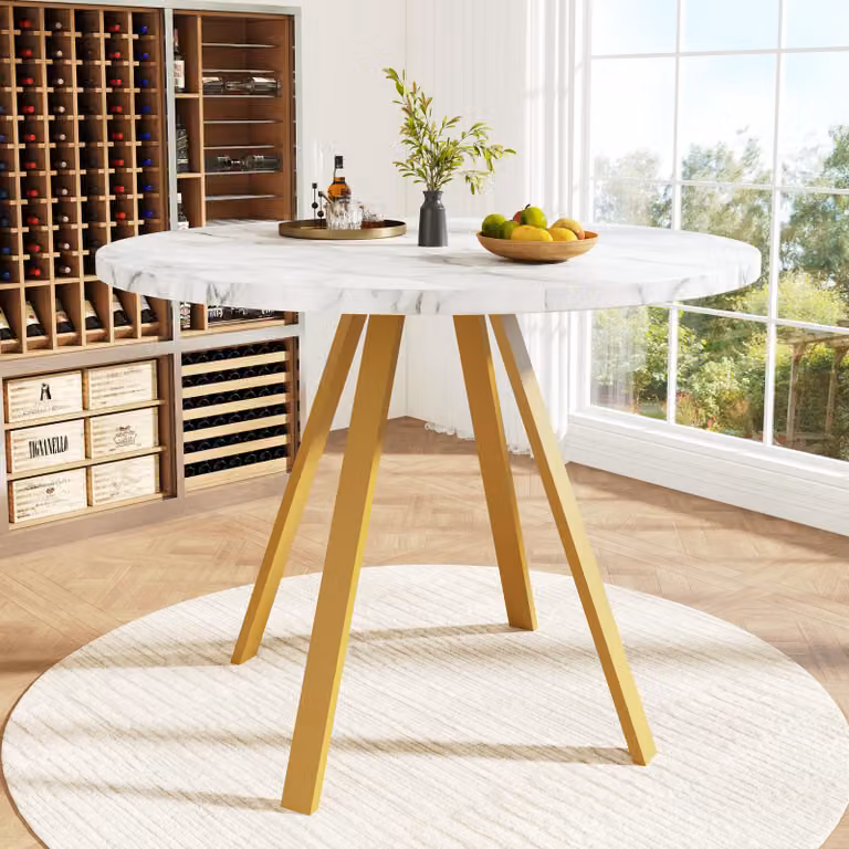 MODFU Tavolo da cucina rotondo Tavolo da pranzo in pannelli MDF, tavolo da salotto con motivo marmorizzato e gambe in metallo dorato, per 4 persone, bianco + oro