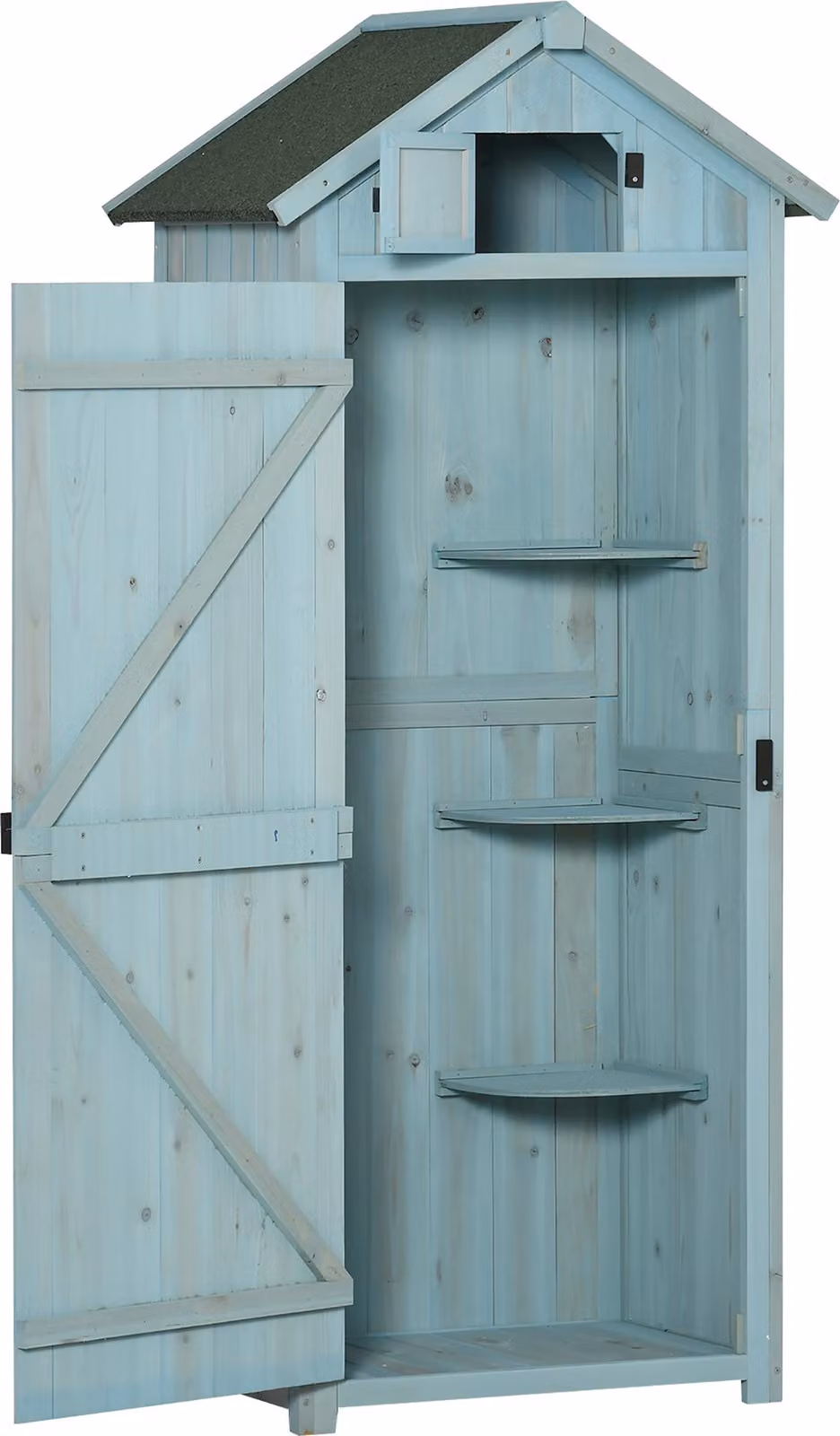 Moonbite, armadietto da giardino 77 x 54,2 x 179 cm, capanno per attrezzi in legno con finestra a mansarda, 3 ripiani angolari, tetto in asfalto, legno, azzurro chiaro