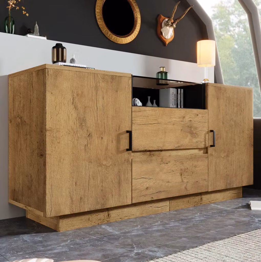 Credenza moderna marrone con cassetti, ante e vano aperto per soggiorno o cucina, L: 140 cm, H: 70 cm, P: 40 cm – 2