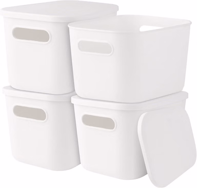 Contenitori con coperchio, dimensioni 26x18x16 cm, confezione da 4 pezzi, in plastica, impilabili, adatti per l'ufficio