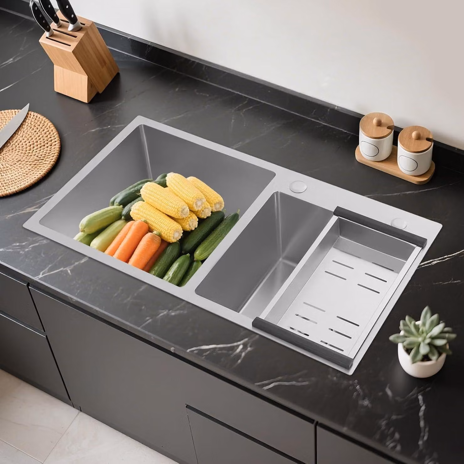 Lavello doppio in acciaio inossidabile, dimensioni 78 x 43 cm, con cestello per scolaggio, a basso livello di rumorosità, ideale per la cucina