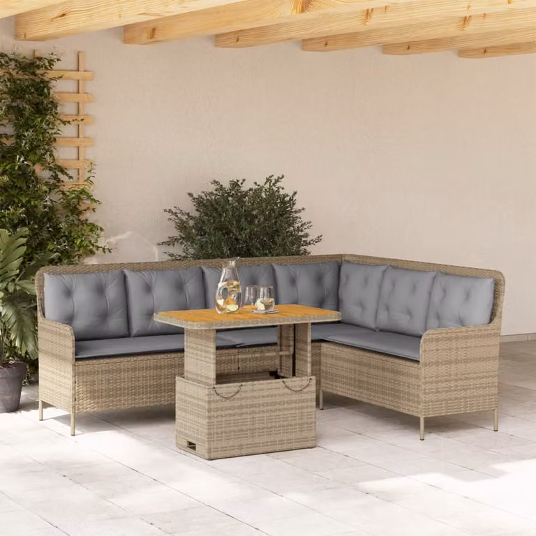 Set di Divani da Giardino vidaXL a Forma di L in Polyrattan con Cuscini Beige e Tavolino da Esterno