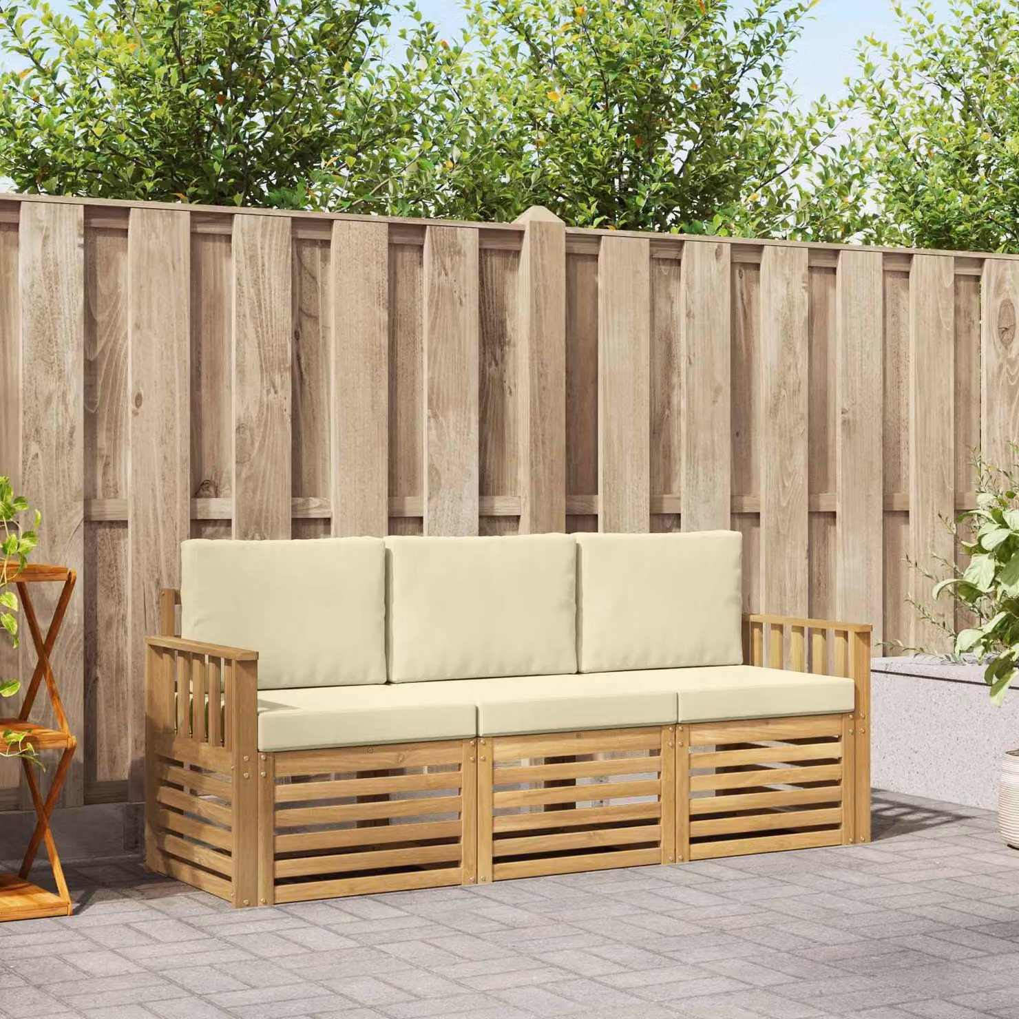 Set di divani da giardino vidaXL in legno di acacia con cuscini, Bianco e Beige