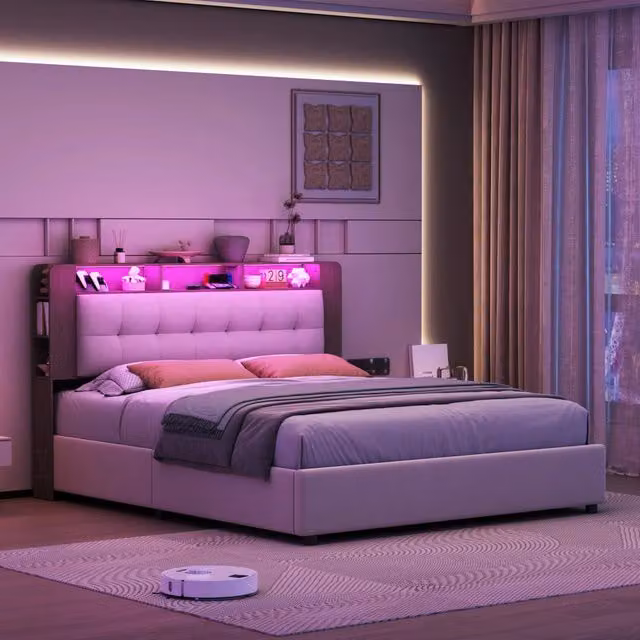 Letto contenitore 160x200 cm bianco, testiera con mensole e luci LED RGB, imbottito, sollevamento idraulico, camera da letto moderna