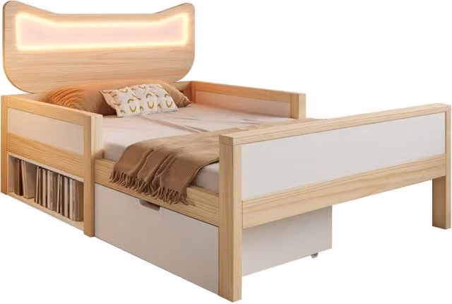 Letto bambino Chicfurn con testiera a forma di gatto, illuminazione LED regolabile, cassetto e vani contenitore, bianco e marrone, L/P/H: 190 x 90 x 96,5 cm