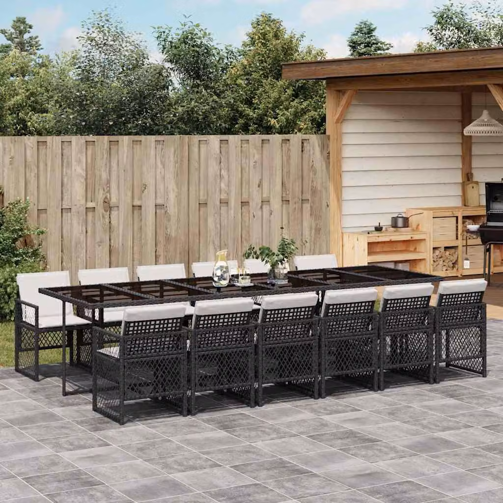 vidaXL Set da Pranzo da Giardino 13pz in Polyrattan con Cuscini e Tavolo in Vetro Nero e Bianco – 1