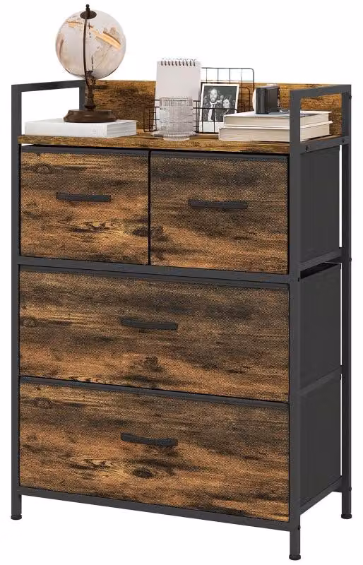 Comodino con 4 cassetti rivestiti in tessuto e struttura in acciaio | Colore: marrone e nero | Dimensioni: 29x60x85 cm