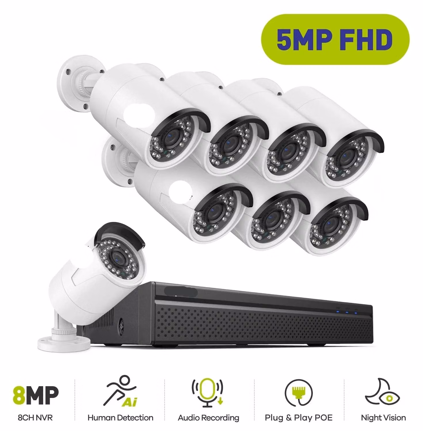 Sistema di videosorveglianza - Kit di telecamere PoE - Registratore NVR a 8 canali - 8 telecamere - Include hard disk da 2TB
