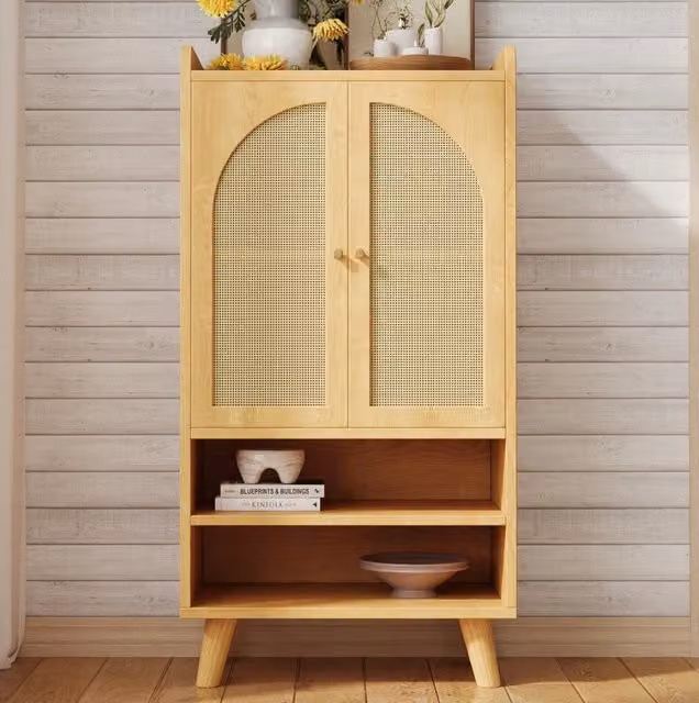 Credenza in MDF con ante in rattan beige per sala da pranzo, H 121 x L 60 x P 40 cm