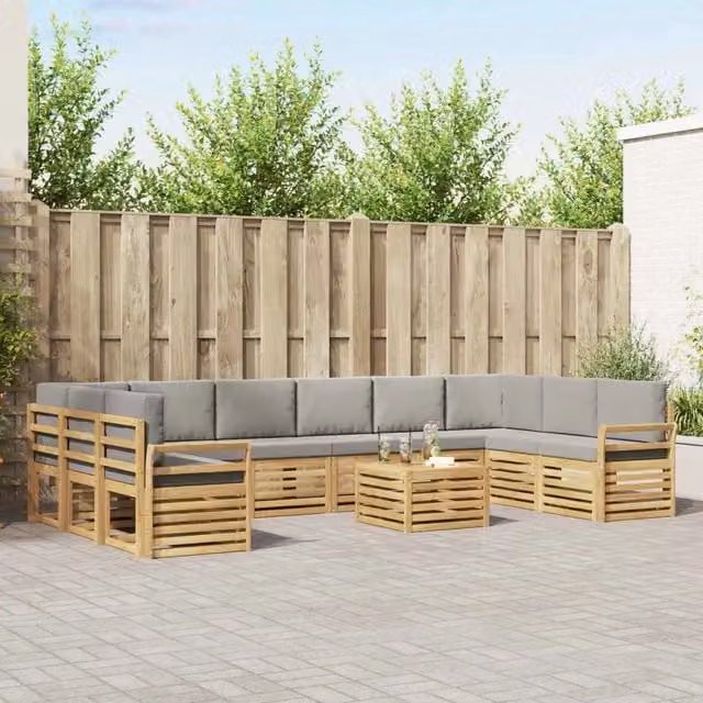 Set di divani da esterno vidaXL a forma di L composto da 11 pezzi con tavolino da caffè, in legno di acacia e tessuto bianco e grigio – 1