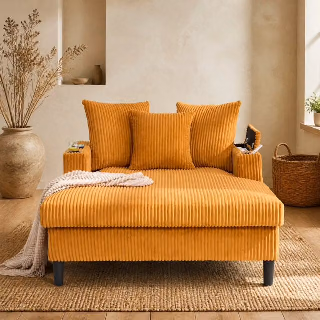 Chaiselongue multifunzione 129x170x70 cm in velluto a coste; giallo senape con LED e USB