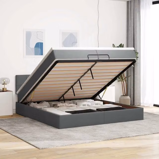 Letto moderno vidaXL con contenitore a sollevamento, base con illuminazione sottostante e porta di ricarica USB, rivestimento in tessuto grigio e bianco, L: 200 cm, P: 200 cm, H: 280 cm
