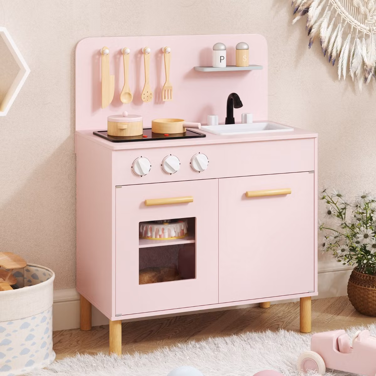 Set da cucina per bambini Costway in legno rosa con luci e accessori per il gioco educativo