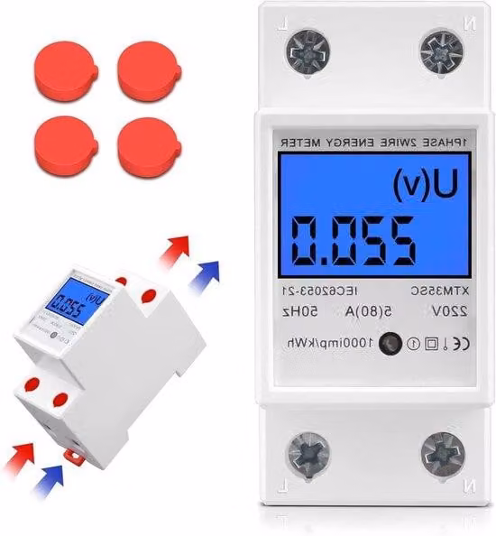 Contatore digitale di corrente alternata su guida DIN con display LCD, 5 A, 220 V, 2 poli