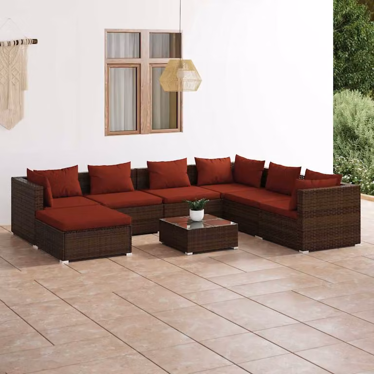 vidaXL Set Divani da Giardino 8 pz in Polyrattan Marrone con Cuscini e Tavolino per Esterno