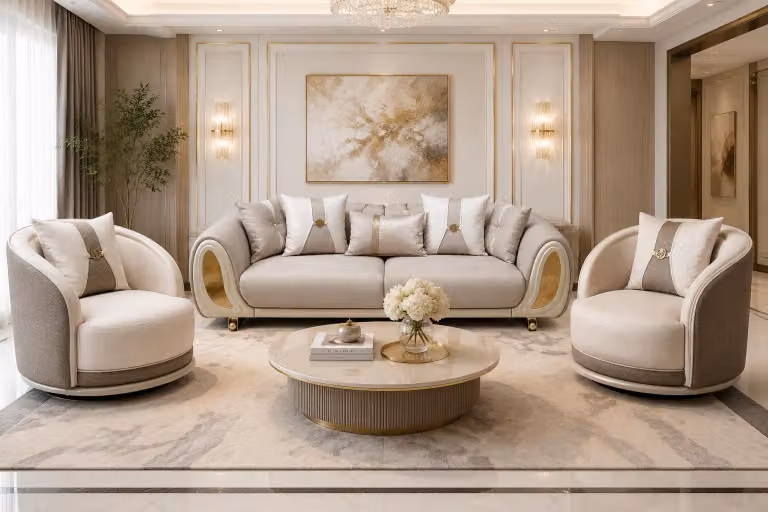 Divano componibile: divano a 3 posti, poltrona, colore beige, stile moderno, ideale per il soggiorno