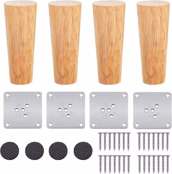 Gambe per tavolo in legno massello, 8 cm di altezza, confezione da 4 pezzi, in legno di quercia, a forma conica, ideali come ricambio. Gambe per mobili, complete di piastre di montaggio e viti, adatte per sedie, poltrone, letti, armadi, divani.
