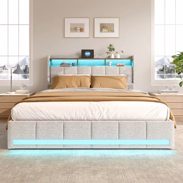 Letto matrimoniale imbottito 140x190 cm con 4 cassetti ; letto Contenitore con LED e USB; letto funzionale letto adulti ;Lino Beige