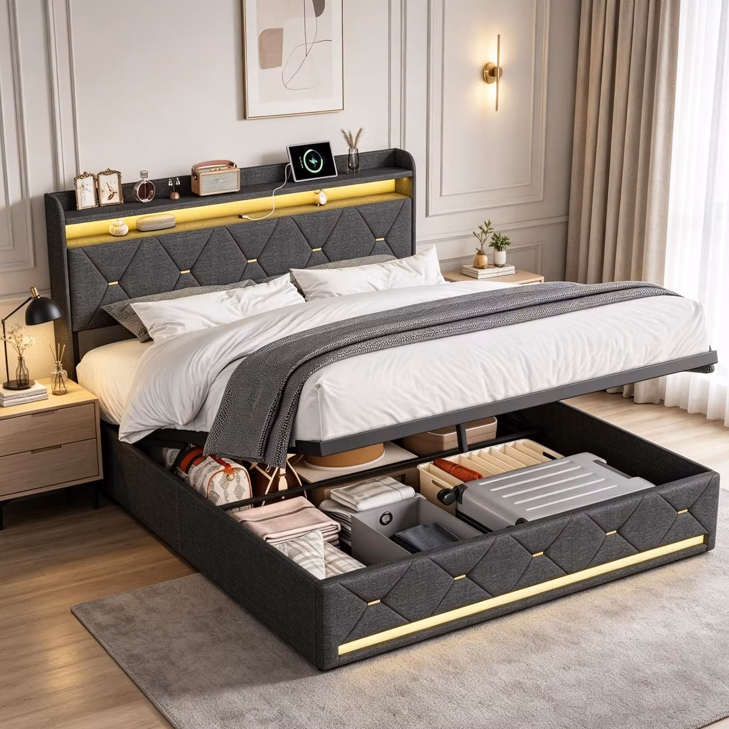 Letto imbottito INONEFT 140x200 cm, letto matrimoniale con LED e USB, letto box con sistema idraulico e spazio contenitore, letto con rete a doghe, letti per ragazzi, lino, grigio