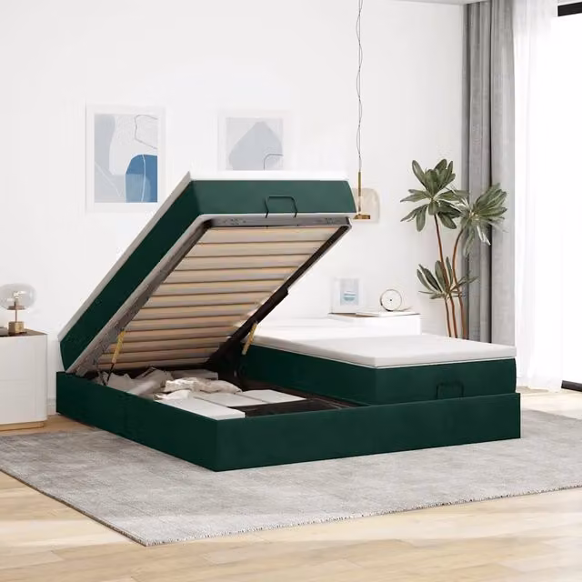 Letto con contenitore a sollevamento vidaXL in velluto verde e bianco con materasso L/P: 160 x 200 cm – 1