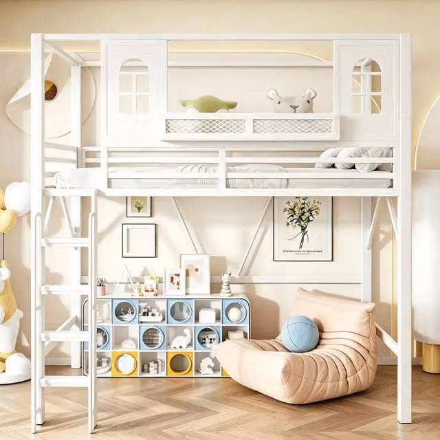 Letto a soppalco per bambini 90 x 200 cm in metallo bianco; design a casetta; scala con corrimano e ripiano