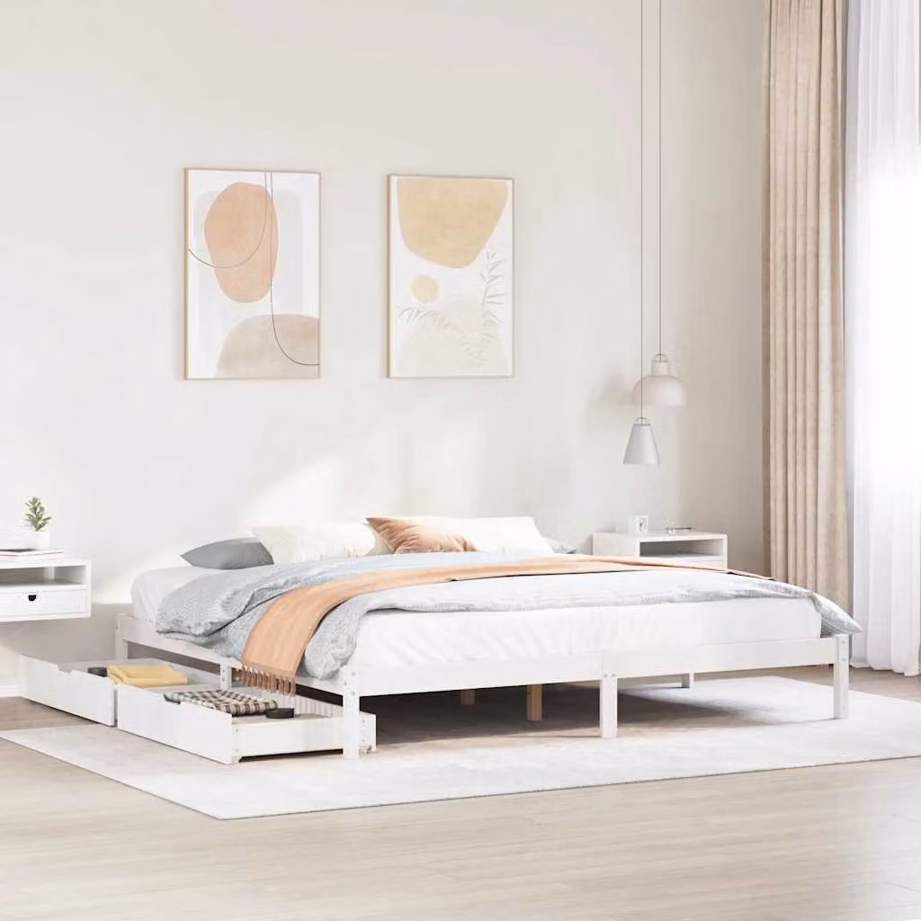 Letto vidaXL in legno massello di pino bianco con cassetti e doghe rigide L/P/H: 205.5 x 180 x 185.5 cm