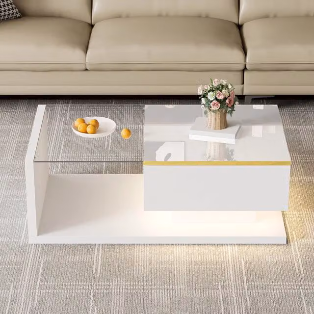 Tavolino da salotto Zephmum moderno in vetro bianco lucido L/P/H: 90 x 50 x 32.5 cm