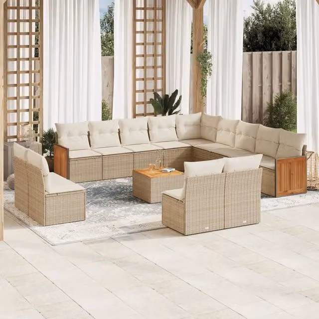 Set da giardino moderno vidaXL composto da 14 pezzi con poltrona lounge, elementi angolari, tavolino da caffè e cuscini beige in polyrattan e legno di acacia