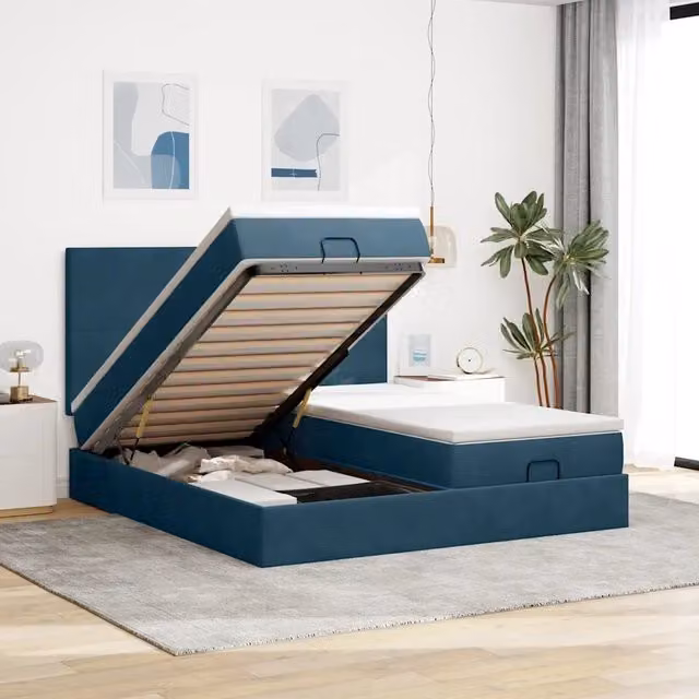 Letto con contenitore a sollevamento vidaXL in velluto blu e bianco con illuminazione sottostante e porta USB L: 160 cm, P: 200 cm, H: 280 cm – 1